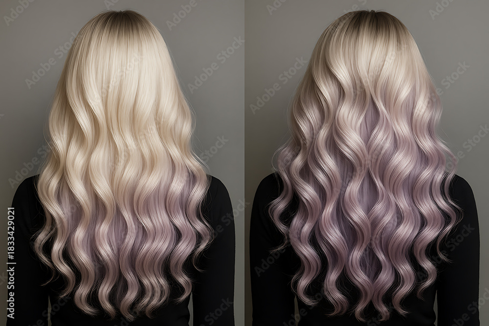 Fototapeta premium Long blonde wavy hairstyle with smooth gradient transitioning into lavender ombre highlights showing modern hair color trend