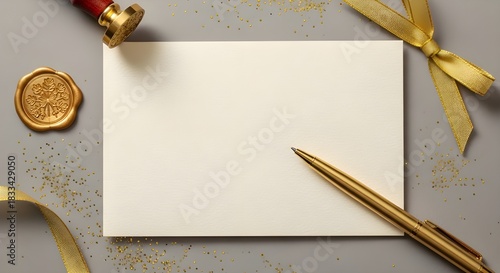 Elegant blank cream paper card with golden pen, wax seal, stamp, festive gold ribbon, and scattered glitter on a grey background