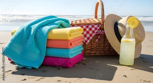 Colorful beach towels, wicker picnic basket, straw hat, and refreshing lemonade bottle on a sunny sandy beach by the ocean waves