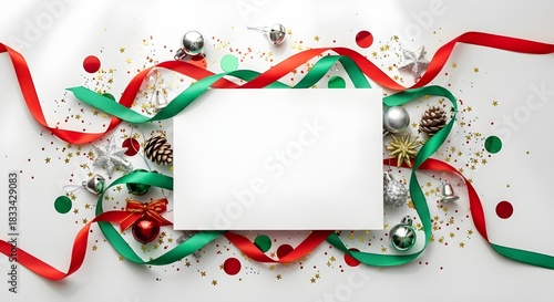 Festive christmas flat lay with red and green ribbons, shimmering ornaments, pinecone, bells, and glitter confetti surrounding a blank white greeting card.