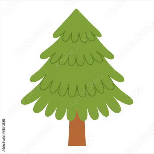 Simple cute rounded evergreen tree with soft curved branches in light green tones. For Christmas, winter, nature and children's designs. Flat vector. Hand drawn. Isolated background.