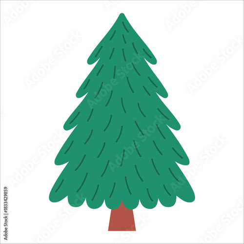Simple tall stylized evergreen with long needle like branches in teal green. Illustration for Christmas, winter, forest, hiliday, kids and nature design. Flat vector. Hand drawn. Isolated background.
