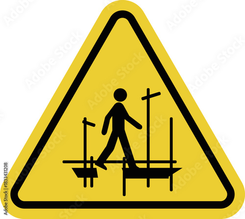 Unfinished scaffolding. Yellow warning triangle sign. Incompletely erected, unstable, or dangerous scaffolding. Risk of structural collapse. Risk of falling.