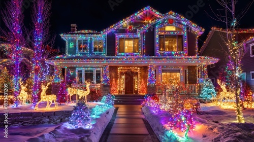 Extravagant Holiday Light Show: Stunning Nighttime View of a Suburban Home Lavishly Decorated with Multicolor LED String Lights, Illuminated Reindeer, and Festive Yard Displays