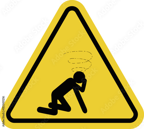 Dizziness sign. Yellow warning triangle. Disorientation or balance. Move carefully and avoid sudden movements.