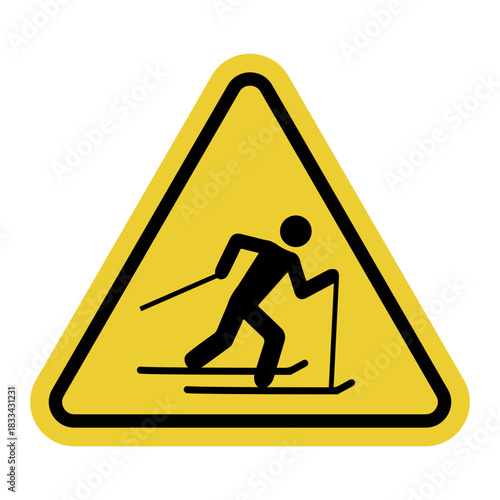 Skier zone. Yellow warning triangle sign. Winter tourist route. Ski slope. Skier activity zone.