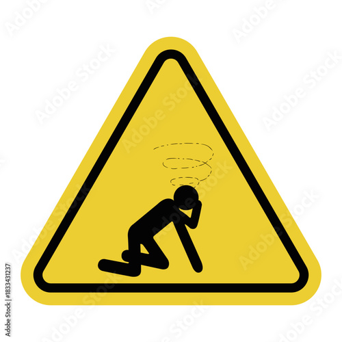 Dizziness sign. Yellow warning triangle. Disorientation or balance. Move carefully and avoid sudden movements.