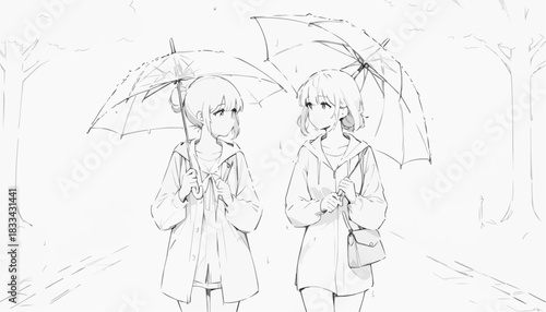 Anime-style sketch of two girls walking with umbrellas in the rain, cheerful interaction
