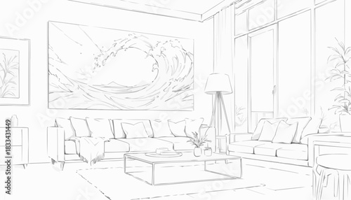 Line art of a modern living room with a large wall art piece, elegant design