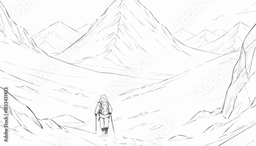 Line art of a hiker trekking through a mountainous landscape, adventurous journey