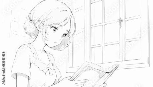Anime-style sketch of a girl reading a book by the window, thoughtful moment