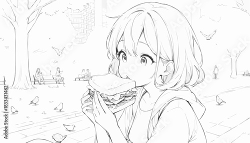Anime-style illustration of a girl enjoying a sandwich in the park, cheerful moment

