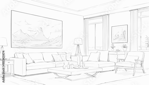 Line art of a modern living room interior, minimalist design
