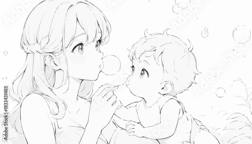 Vector illustration of a mother and child blowing bubbles, playful moment