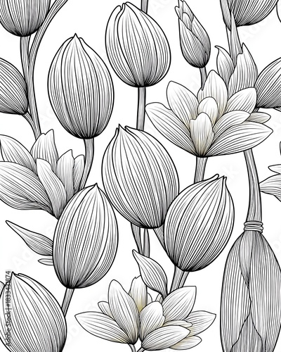 Artistic Botanical Study: A detailed, close-up image showcases an artistic rendering of tulip flowers, their graceful forms captured in a monochromatic, line-art style.