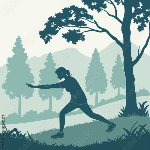 “Silhouette of a person stretching before a jog, nature background.”