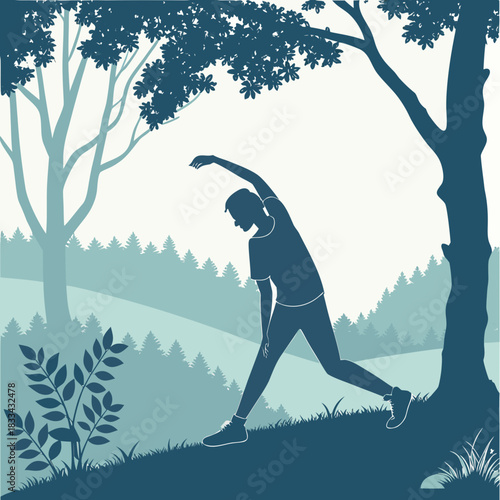 “Silhouette of a person stretching before a jog, nature background.”