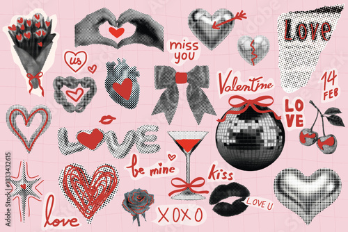 Y2k Collage grunge Valentine's day collection with  halftone style . Vintage dotted punk collage elements of heart, lip,paper disco ball .. vector 
