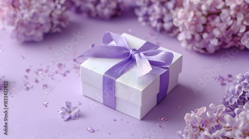 Elegant gift box with purple ribbon and lilac flowers for special occasions