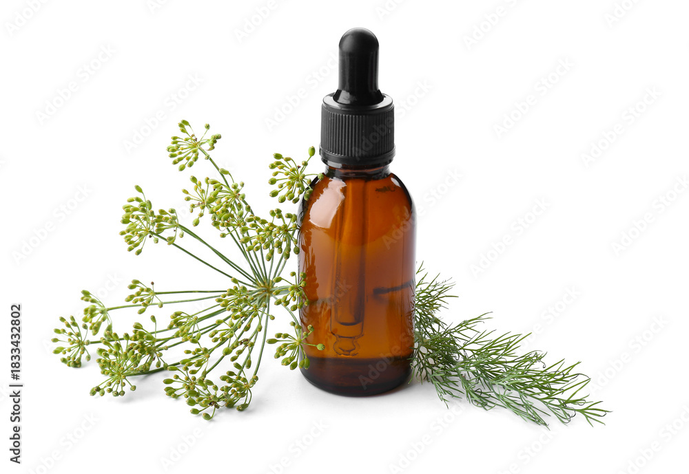 Fototapeta premium Bottle of dill seed essential oil on white background