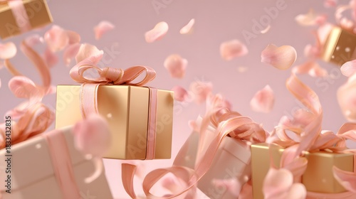 Elegant gifts with blush ribbons and floating petals create a dreamy celebration