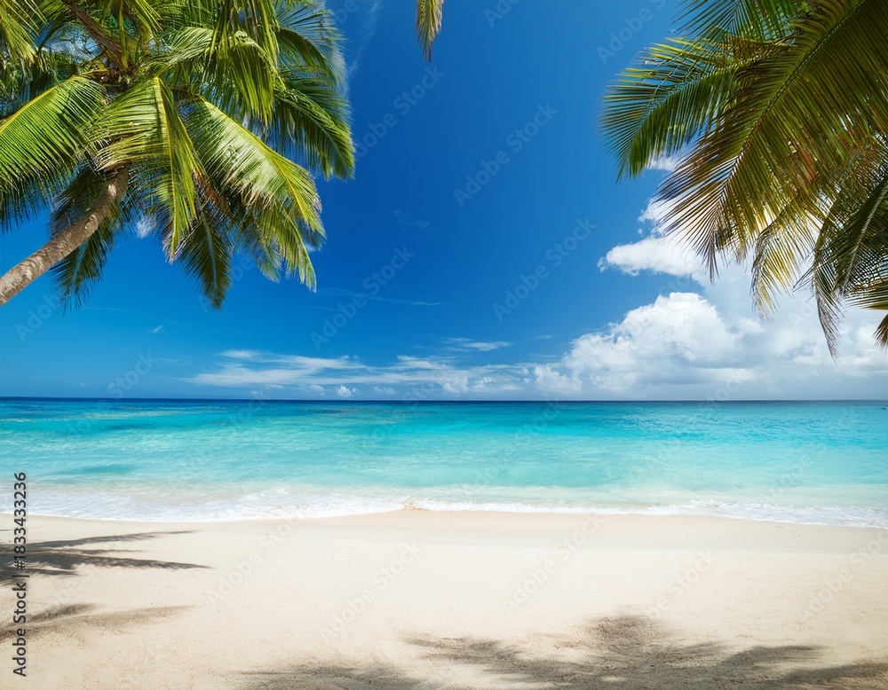 Obraz premium tropical beach with palm trees and blue sky