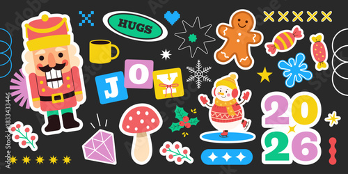 Christmas 2026 Sticker Collage With Nutcracker Snowman Gingerbread Candy Cane Gifts And Joy Elements