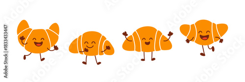 Cute Croissant Characters Dancing Together in a Fun Food Illustration with Happy Expressions and Playful Bakery Theme