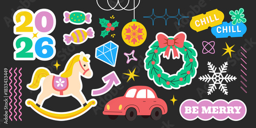 Y2K Holiday Sticker Collage 2026 With Wreath, Car, Rocking Horse, Candy, Snowflakes, Be Merry and Festive Retro Elements