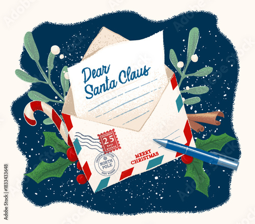 vintage christmas card letter with pen