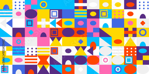 Abstract geometric pattern with colorful shapes and vibrant squares creating a modern, playful, and dynamic mosaic background design illustration