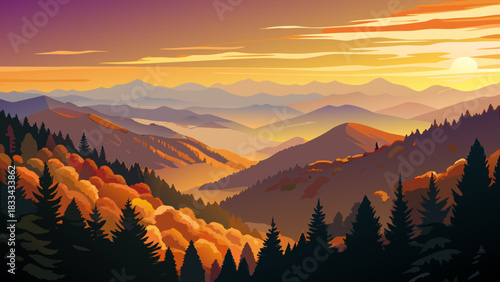 Very beautiful autumn sunrise over the Great Smoky Mountains, featuring glowing ridges, warm seasonal colors, and soft atmospheric layers that create a serene natural panorama.