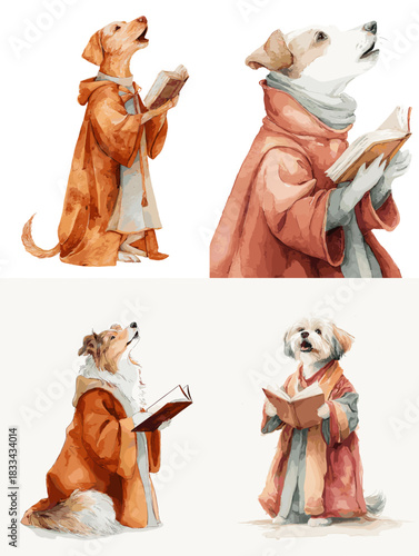 Charming watercolor illustration of dogs wearing robes and reading books with expressive poses. Ideal for whimsical storytelling art, children themes, cozy decor, and creative character design.