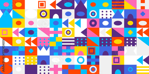 Vibrant abstract mosaic pattern of colorful geometric shapes and minimalist elements creating a modern artistic background design for creative projects.
