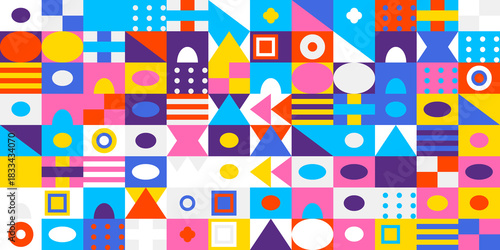 Vibrant geometric pattern with a playful retro-modern design featuring colorful shapes and dynamic arrows on a cheerful, lively background