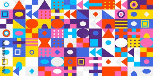 Abstract geometric pattern with colorful shapes and vibrant squares, circles, and triangles creating a playful mosaic design background