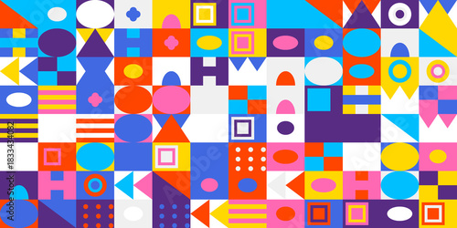 Dynamic abstract pattern with a vibrant assortment of colorful geometric shapes including squares, circles, and triangles, creating a modern decorative background.
