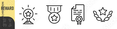 Reward set of web icons in line style. A collection of linear icons representing various reward concepts, including gift, trophy, recognition, reward program, medal, bonus, and more