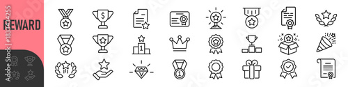 Reward set of web icons in line style. A collection of linear icons representing various reward concepts, including gift, trophy, recognition, reward program, medal, bonus, and more