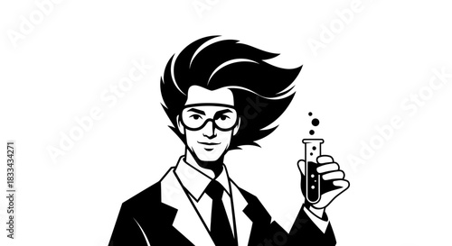 Mad Scientist with Wild Hair and Test Tube in Black and White.