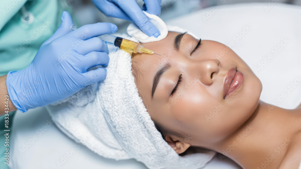 Naklejka premium Autologous platelet-rich plasma facial injection forehead, prp microinjections for skin rejuvenation, collagen induction therapy, minimally invasive therapy, periorbital revitalization, tear trough