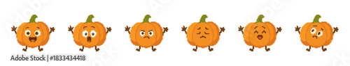 Pixelated Pumpkins with Various Facial Expressions in a Row on White Background