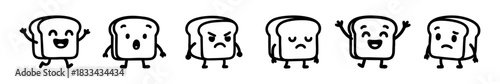 Six Cartoon Slices of Bread Expressing Different Emotions in a Row