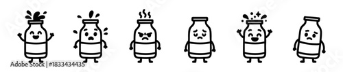 Cartoon Milk Bottle Characters Displaying Various Emotions in Simple Outline Style