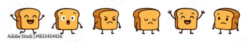 Cartoon Bread Slices Displaying Various Emotional Expressions on White Background