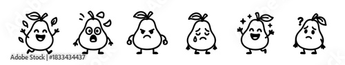 Collection of Animated Pears with Various Emotions in Black and White Style