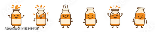 Cartoon Orange Juice Bottles Showing Various Emotional Expressions in a Line