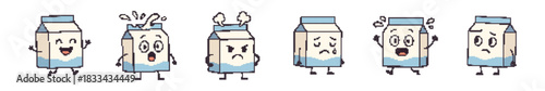 Cartoon Milk Carton Character Expressions in Pixelated Style