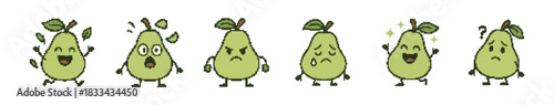 Row of Pixelated Pear Characters Displaying Different Emotions Against White Background