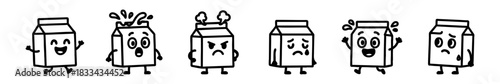 Variety of Animated Milk Carton Expressions in Outlined Cartoon Style